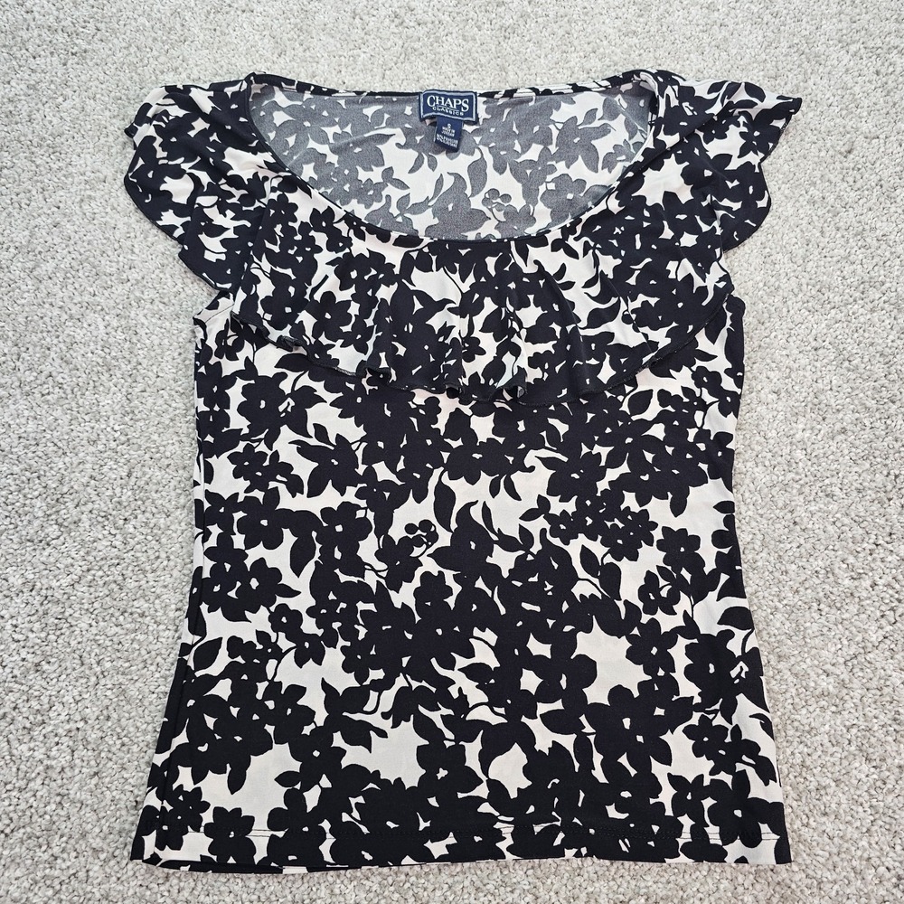 Chaps Tank Blouse Ruffle Neck Black White Size Small Womens